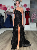 Chic One Shoulder Lace Sequins Long Prom Dresses Elegant Evening Dress sew0333|Selinadress