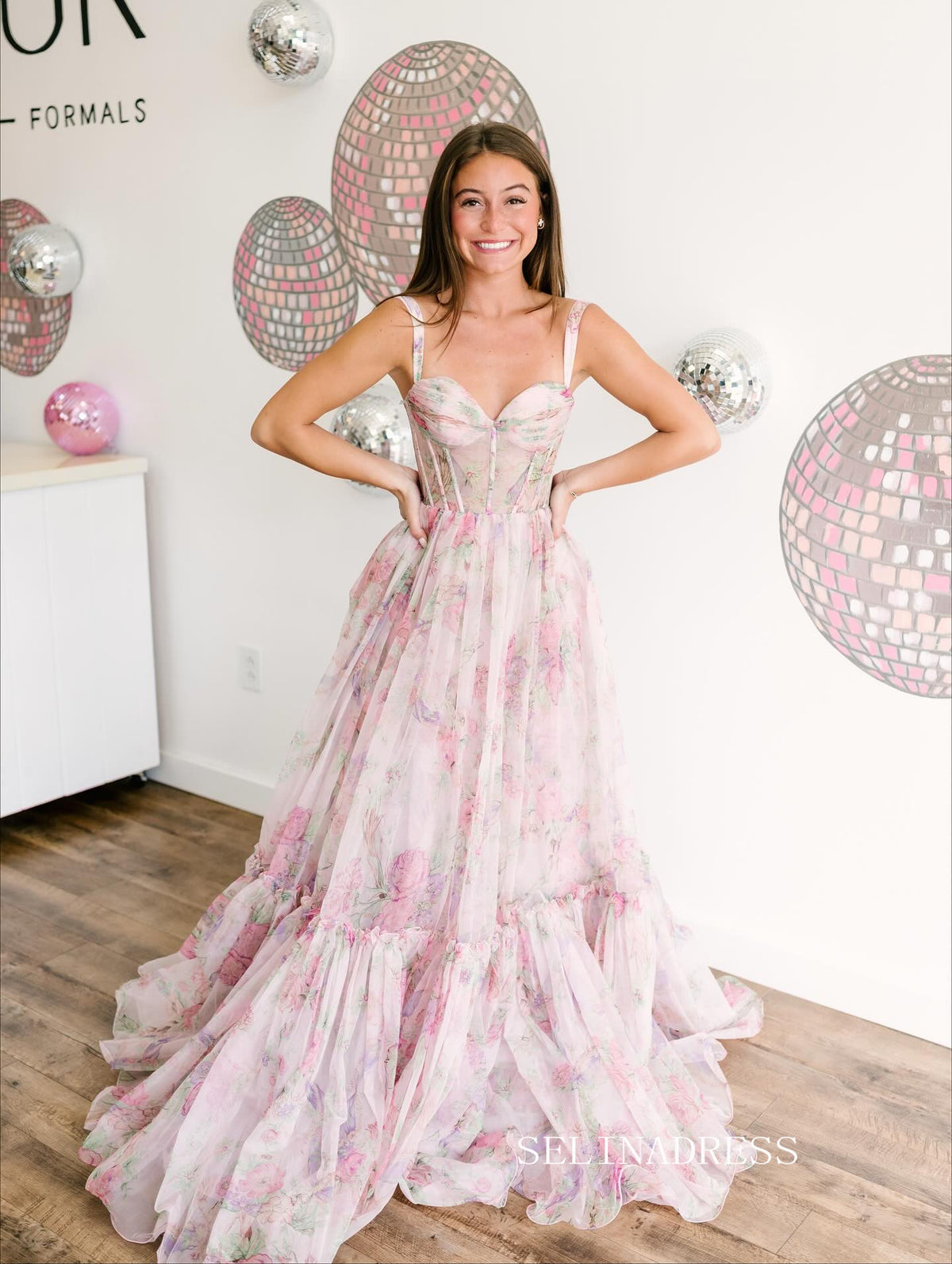 Chic Pink A-line Long Prom Dresses Elegant Floral Evening Gowns SEA033|Selinadress