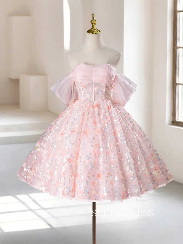 Chic Pink Off-the-shoulder Short Prom Dress Lace Homecoming Dress #TKL2126 Chic Pink Off-the-shoulder Short Prom Dress Lace Homecoming Dress #TKL2126