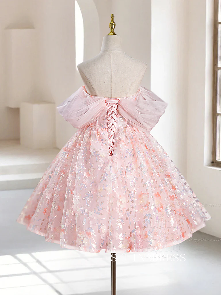 Chic Pink Off-the-shoulder Short Prom Dress Lace Homecoming Dress #TKL2126 Chic Pink Off-the-shoulder Short Prom Dress Lace Homecoming Dress #TKL2126
