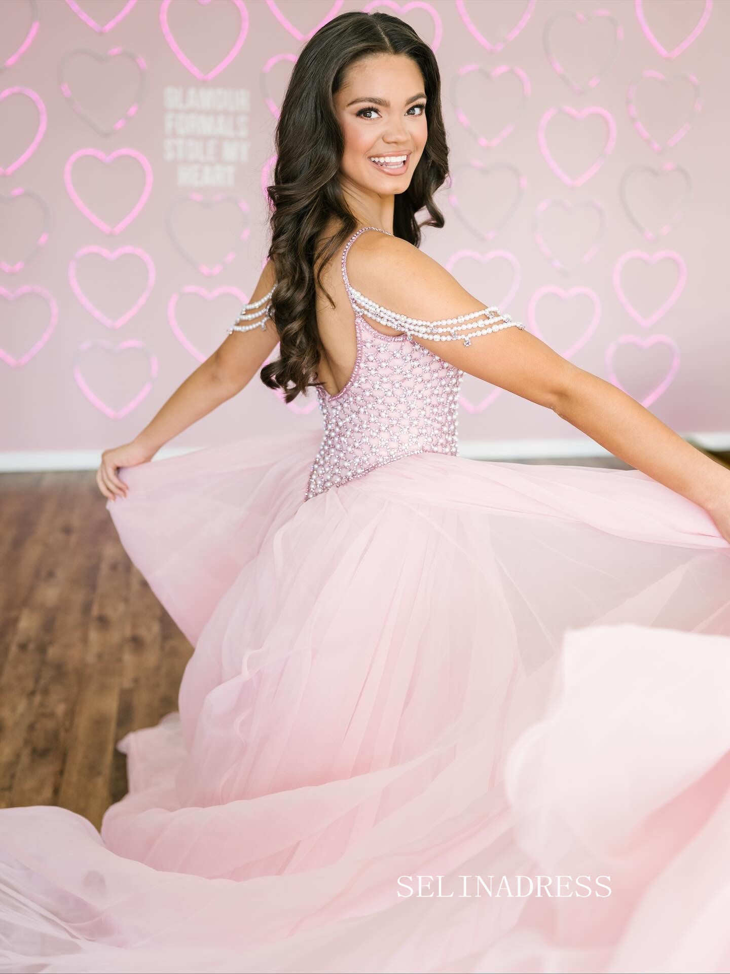 Chic Pink Spaghetti Straps Long Prom Dresses With Beaded Elegant Evening Gowns SEA031|Selinadress