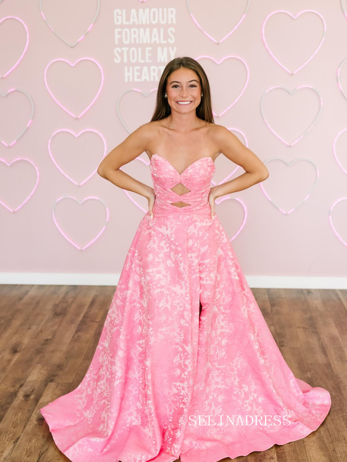 Chic Pink Sweetheart Long Prom Dresses With Flower Elegant Evening Gowns SEA032|Selinadress