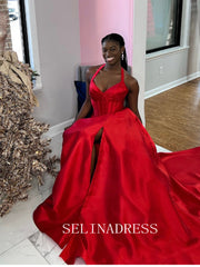 Chic Red Halter Strapless Prom Dresses Elegant Long Formal Gowns SEA015