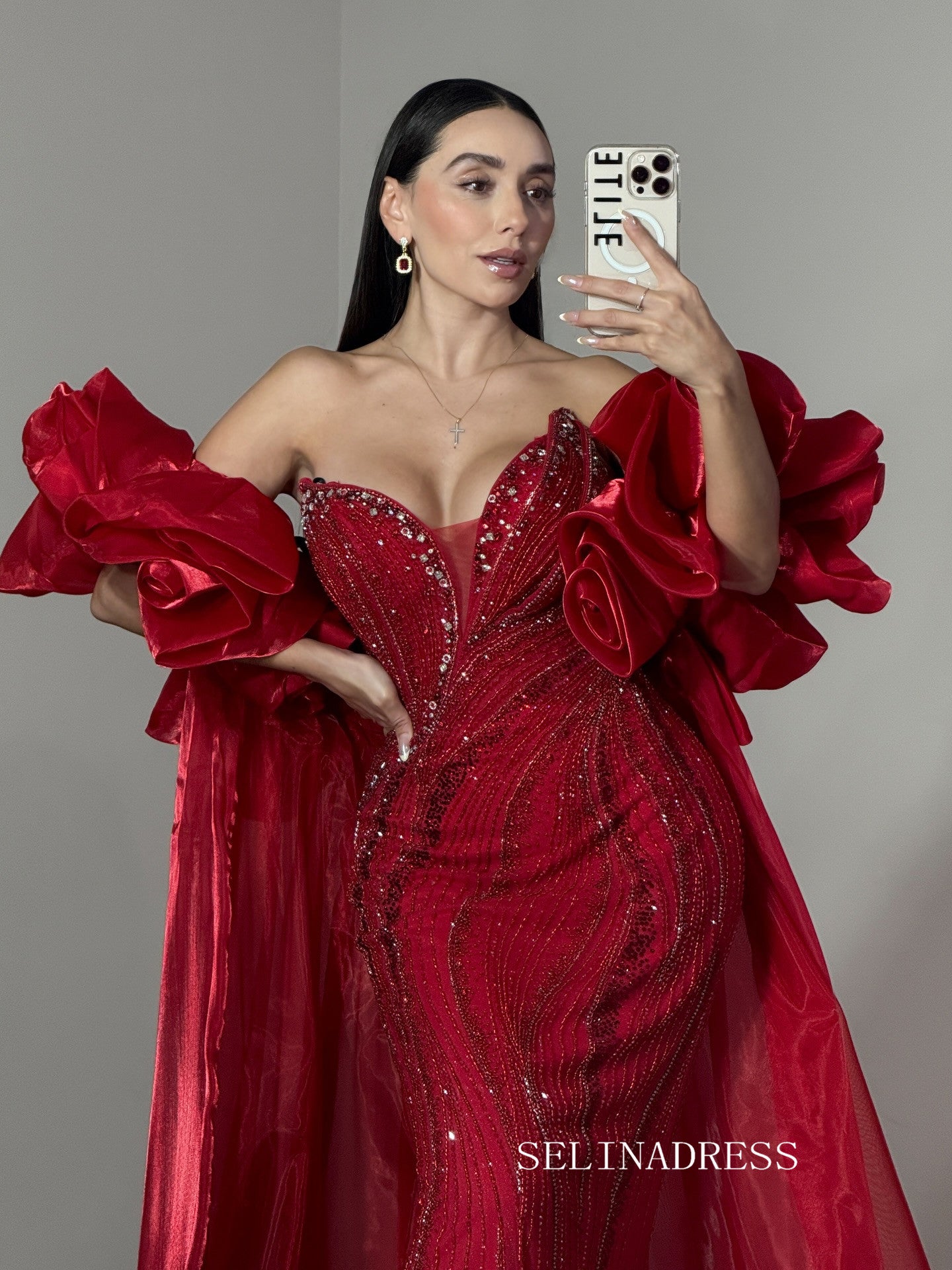 Chic Red Mermaid Long Prom Dresses With Full Beaded Elegant Evening Gowns SEA034|Selinadress