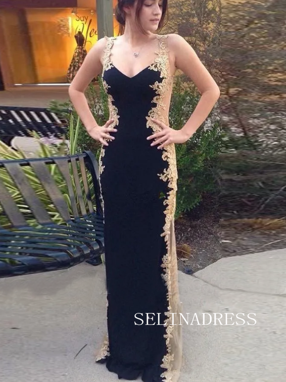 Chic Sheath/Column Black Prom Dresses See Through Lace Formal Dresses TKH016|Selinadress