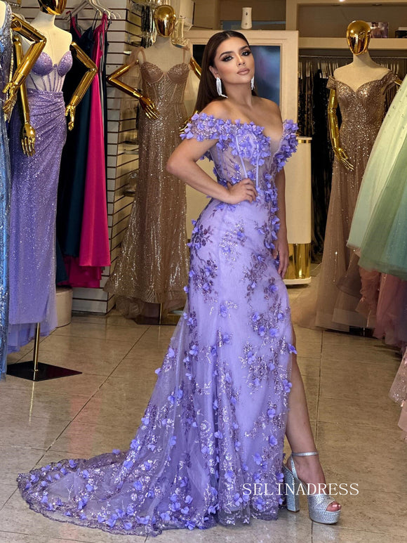 Chic Sheath/Column Off-the-shoulder Lavender Long Prom Dresses Elegant 3D Flower Evening Dress sew03346|Selinadress