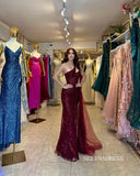 Chic Sheath/Column One Shoulder Burguany Long Prom Dresses Elegant Sequins Evening Dress sew03349|Selinadress