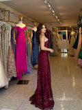 Chic Sheath/Column One Shoulder Burguany Long Prom Dresses Elegant Sequins Evening Dress sew03349|Selinadress