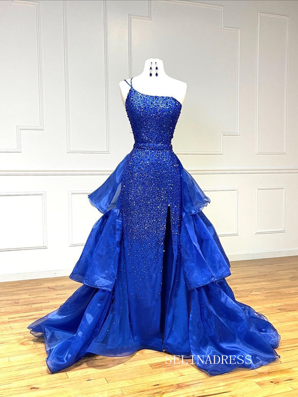 Chic Sheath/Column One Shoulder Long Prom Dresses Elegant Royal Blue Beaded Evening Dress LPK095|Selinadress