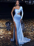 Chic Sheath/Column One Shoulder Long Prom Dresses High Split Blue Evening Dress sew0339|Selinadress