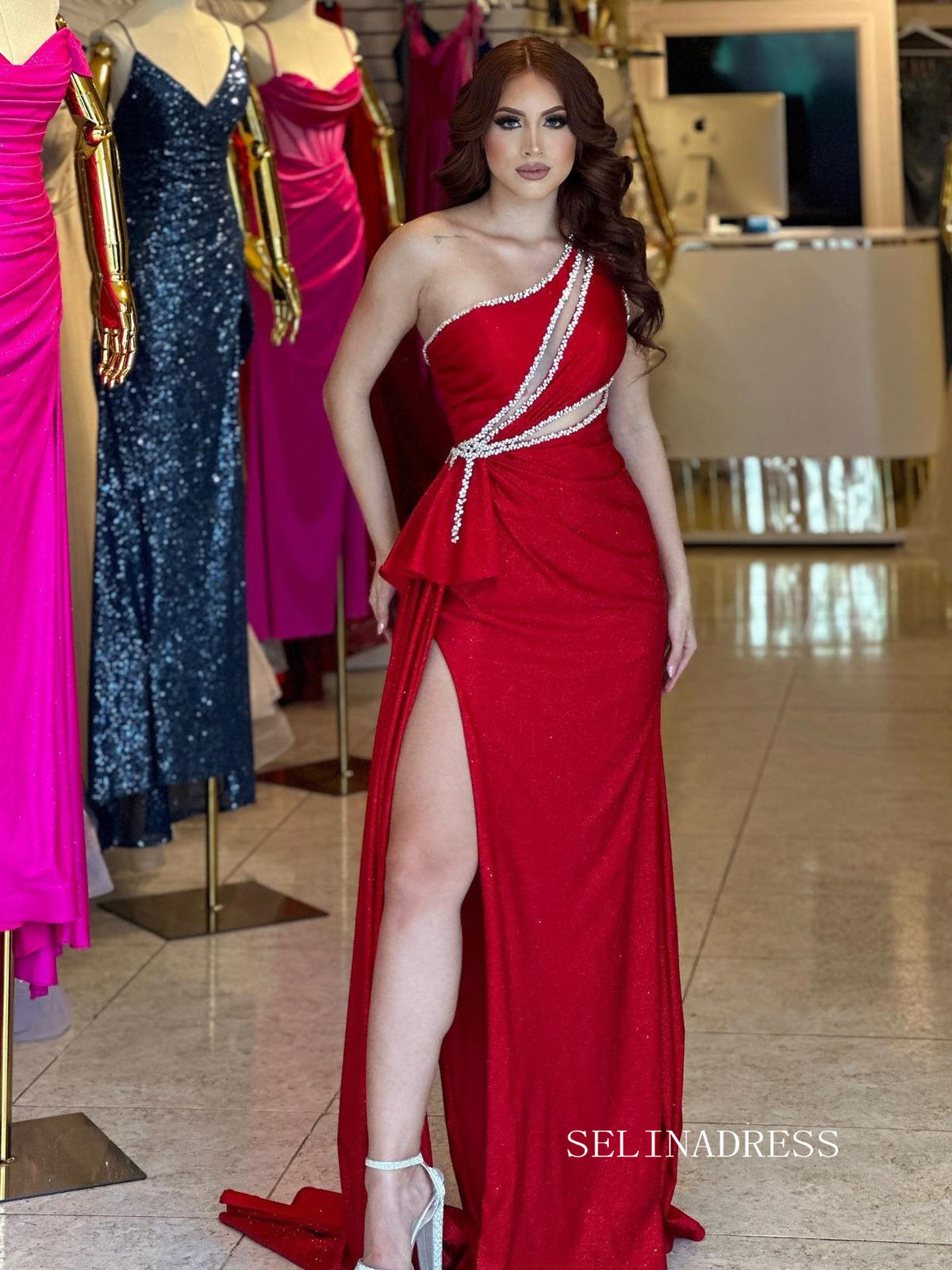 Chic Sheath/Column One Shoulder Red Long Prom Dresses Elegant Glitter SELINADRESS Chic Sheath/Column One Shoulder Red Long Prom Dresses Elegant Glitter SELINADRESS