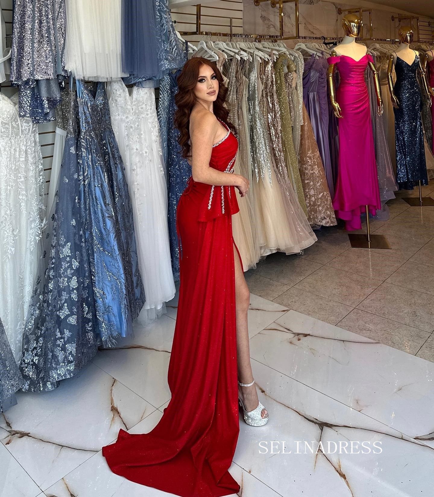 Chic Sheath/Column One Shoulder Red Long Prom Dresses Elegant Glitter SELINADRESS Chic Sheath/Column One Shoulder Red Long Prom Dresses Elegant Glitter SELINADRESS