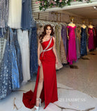 Chic Sheath/Column One Shoulder Red Long Prom Dresses Elegant Glitter Evening Dress sew03350|Selinadress