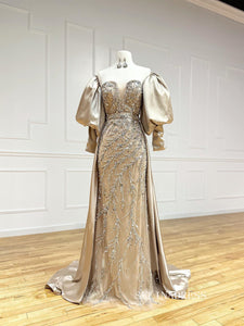 Chic Sheath/Column Removable Sleeves Long Prom Dresses Elegant Beaded Evening Dress LPK105|Selinadress