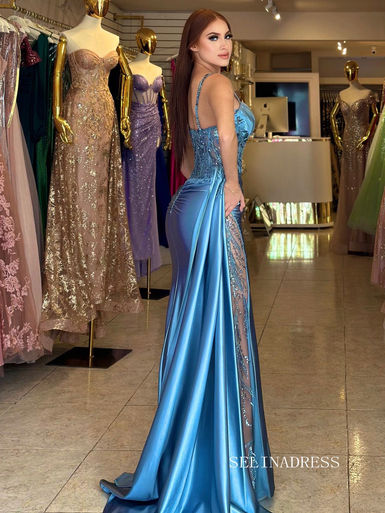 Chic Sheath/Column Spaghetti Straps Lace Long Prom Dresses Blue Evenin SELINADRESS Chic Sheath/Column Spaghetti Straps Lace Long Prom Dresses Blue Evenin SELINADRESS