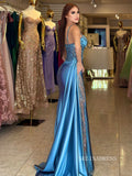 Chic Sheath/Column Spaghetti Straps Lace Long Prom Dresses Blue Evening Dress sew0330|Selinadress