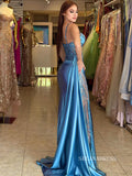 Chic Sheath/Column Spaghetti Straps Lace Long Prom Dresses Blue Evening Dress sew0330|Selinadress