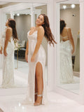 Chic Sheath/Column Spaghetti Straps Long Prom Dresses Elegant Sequins Evening Dress lpk121|Selinadress