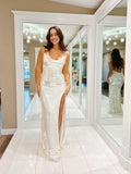 Chic Sheath/Column Spaghetti Straps Long Prom Dresses Elegant Sequins Evening Dress lpk121|Selinadress