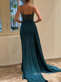 Chic Sheath/Column Spaghetti Straps Long Prom Dresses Elegantt High Split Beaded Evening Dress sew0215|Selinadress