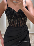 Chic Sheath/Column Spaghetti Straps Long Prom Dresses Elegantt High Split Beaded Evening Dress sew0215|Selinadress