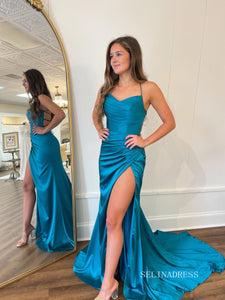 Chic Sheath/Column Spaghetti Straps Long Prom Dresses High Split Evening Dress sew0312|Selinadress