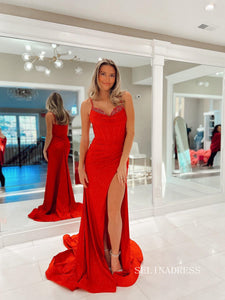 Chic Sheath/Column Spaghetti Straps Red Long Prom Dresses Elegant Evening Gowns lpk113|Selinadress