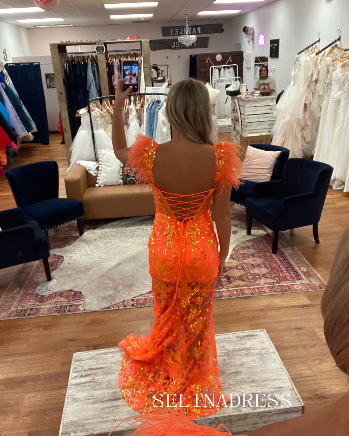 Chic Sheath/Column Straps Long Prom Dresses Elegant Orange Sequins Evening Gowns CRN034|Selinadress