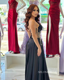 Chic Sheath/Column Thigh Split Black Long Prom Dresses Elegant Beaded Evening Dress sew03347|Selinadress