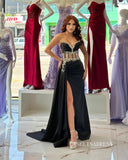 Chic Sheath/Column Thigh Split Black Long Prom Dresses Elegant Beaded Evening Dress sew03347|Selinadress