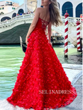 Chic Spaghetti Straps 3D Flower Long Prom Dresses Pink Beautiful Evening Dress TKH025|Selinadress