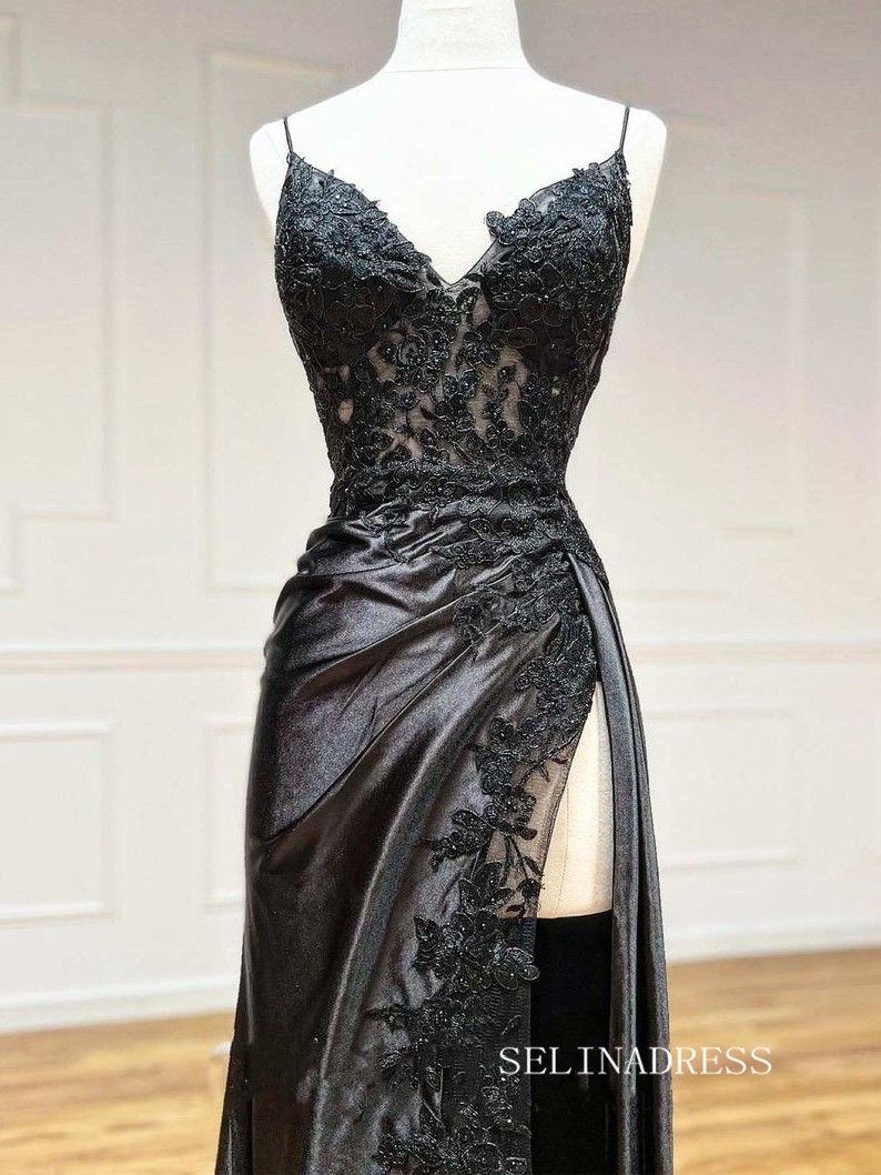 Chic Spaghetti Straps Black Long Prom Dresses Gorgeous Lace Evening Dr