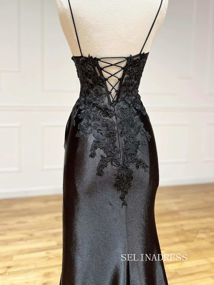 Chic Spaghetti Straps Black Long Prom Dresses Gorgeous Lace Evening Dr