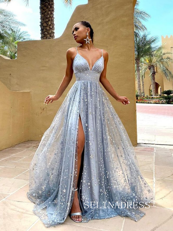 Chic Spaghetti Straps Glitter Evening Prom Gowns Dusty Blue Elegant Evening Dress SEW0165|Selinadress