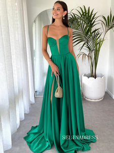 Chic Spaghetti Straps Hunter Green Long Prom Dresses Cheap Evening Party Dress SEW0194|Selinadress