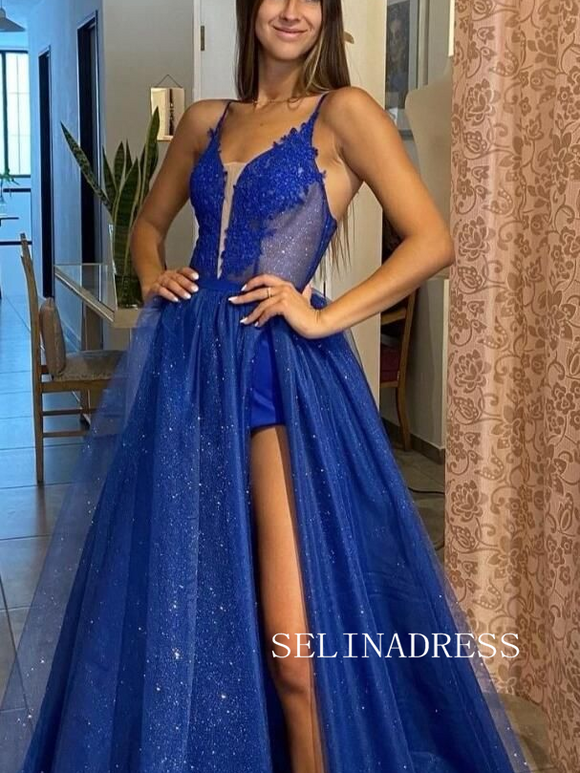 Chic Spaghetti Straps Lace Long Prom Dresses Elegant Royal Blue Formal Dresses TKH020|Selinadress