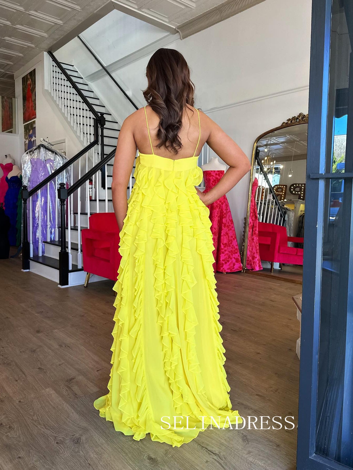 Chic Spaghetti Straps Lemon Yellow Prom Dresses With Ruffles Elegant L SELINADRESS Chic Spaghetti Straps Lemon Yellow Prom Dresses With Ruffles Elegant L SELINADRESS