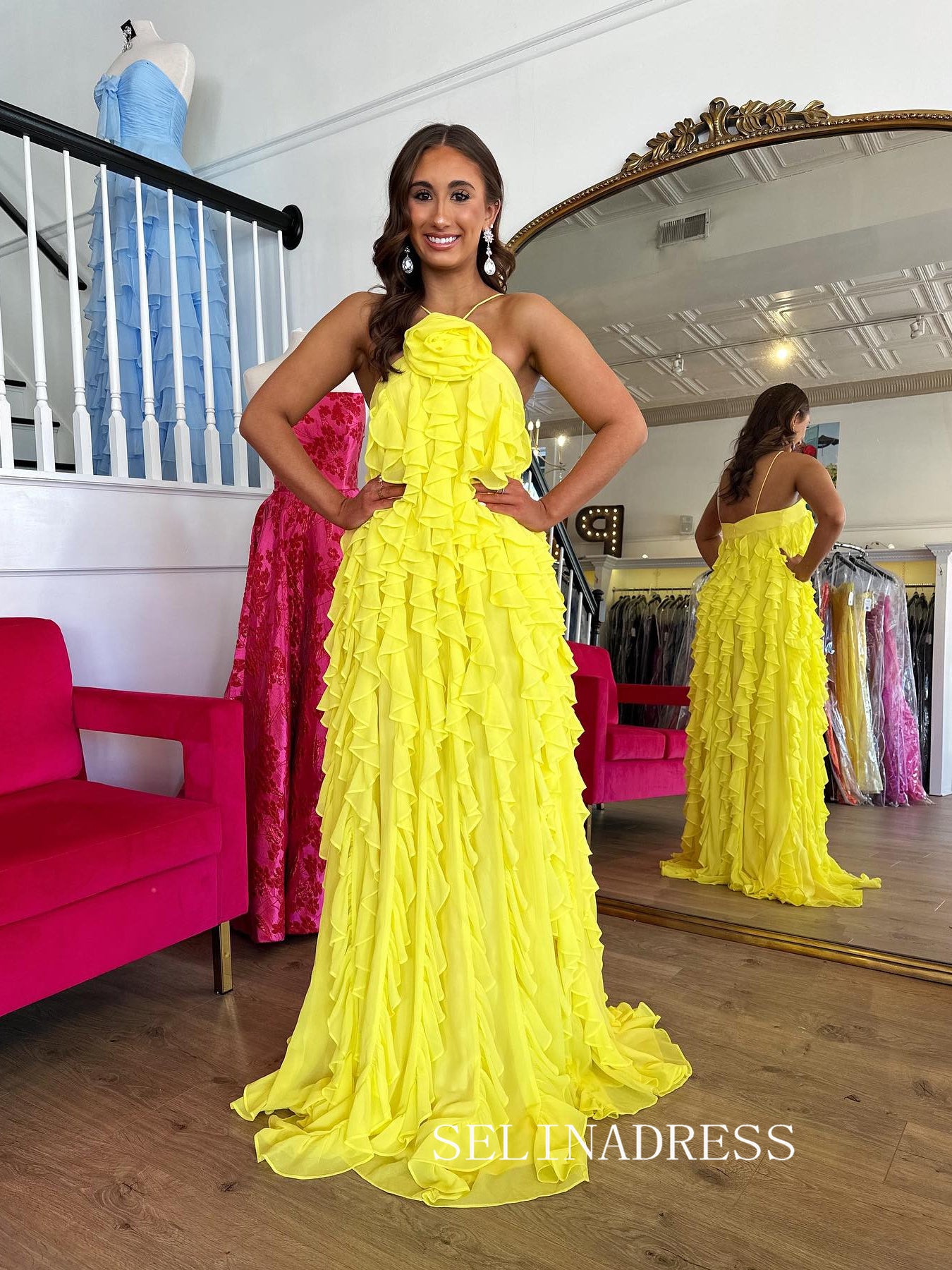 Chic Spaghetti Straps Lemon Yellow Prom Dresses With Ruffles Elegant L SELINADRESS Chic Spaghetti Straps Lemon Yellow Prom Dresses With Ruffles Elegant L SELINADRESS