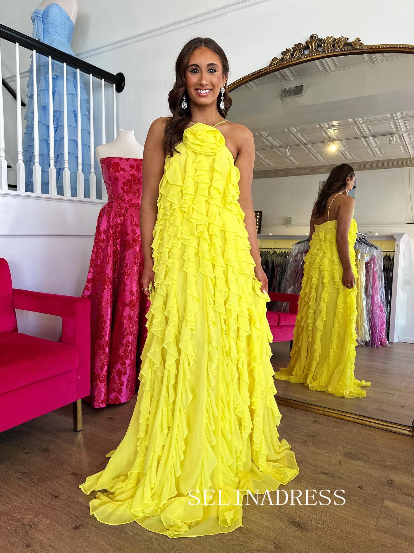 Chic Spaghetti Straps Lemon Yellow Prom Dresses With Ruffles Elegant Long Formal Gowns SEA002|Selinadress