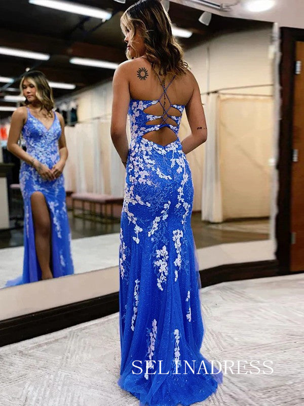 Chic Spaghetti Straps Mermaid Blue Lace Applique Prom Dresses Evening Dress JKL3007 Chic Spaghetti Straps Mermaid Blue Lace Applique Prom Dresses Evening Dress JKL3007