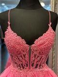 Chic Spaghetti Straps Pink Long Prom Dresses Elegant Frill Layered Evening Dresses lpk115|Selinadress