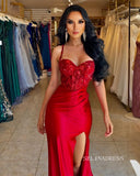 Chic Spaghetti Straps Red Long Prom Dresses Elegant Beaded Evening Dress sew03345|Selinadress