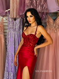 Chic Spaghetti Straps Red Long Prom Dresses Elegant Beaded Evening Dress sew03345|Selinadress