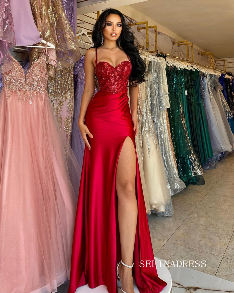 Chic Spaghetti Straps Red Long Prom Dresses Elegant Beaded Evening Dre –  SELINADRESS