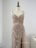 Chic Spaghetti Straps Sheath/Column Luxury Beaded Long Prom Dress Elegant Evening Dress #KOP001|Selinadress