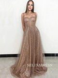 Chic Spaghetti Straps Shiny Prom Dresses Gorgeous Long Evening Dress TKH027|Selinadress