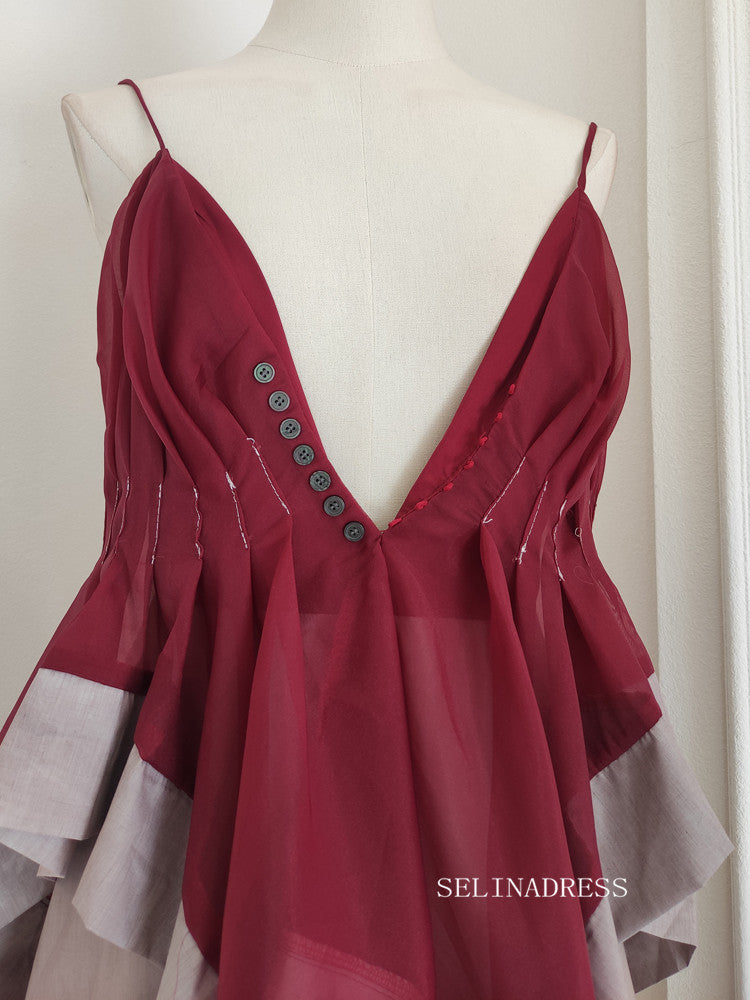 Chic Spaghetti Straps Short Prom Dress Burgundy Homecoming Backless Gr SELINADRESS Chic Spaghetti Straps Short Prom Dress Burgundy Homecoming Backless Gr SELINADRESS