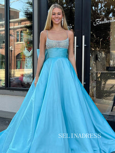 Chic Spaghetti Straps Sky Blue Long Prom Dresses Beaded Evening Dress #TKL200