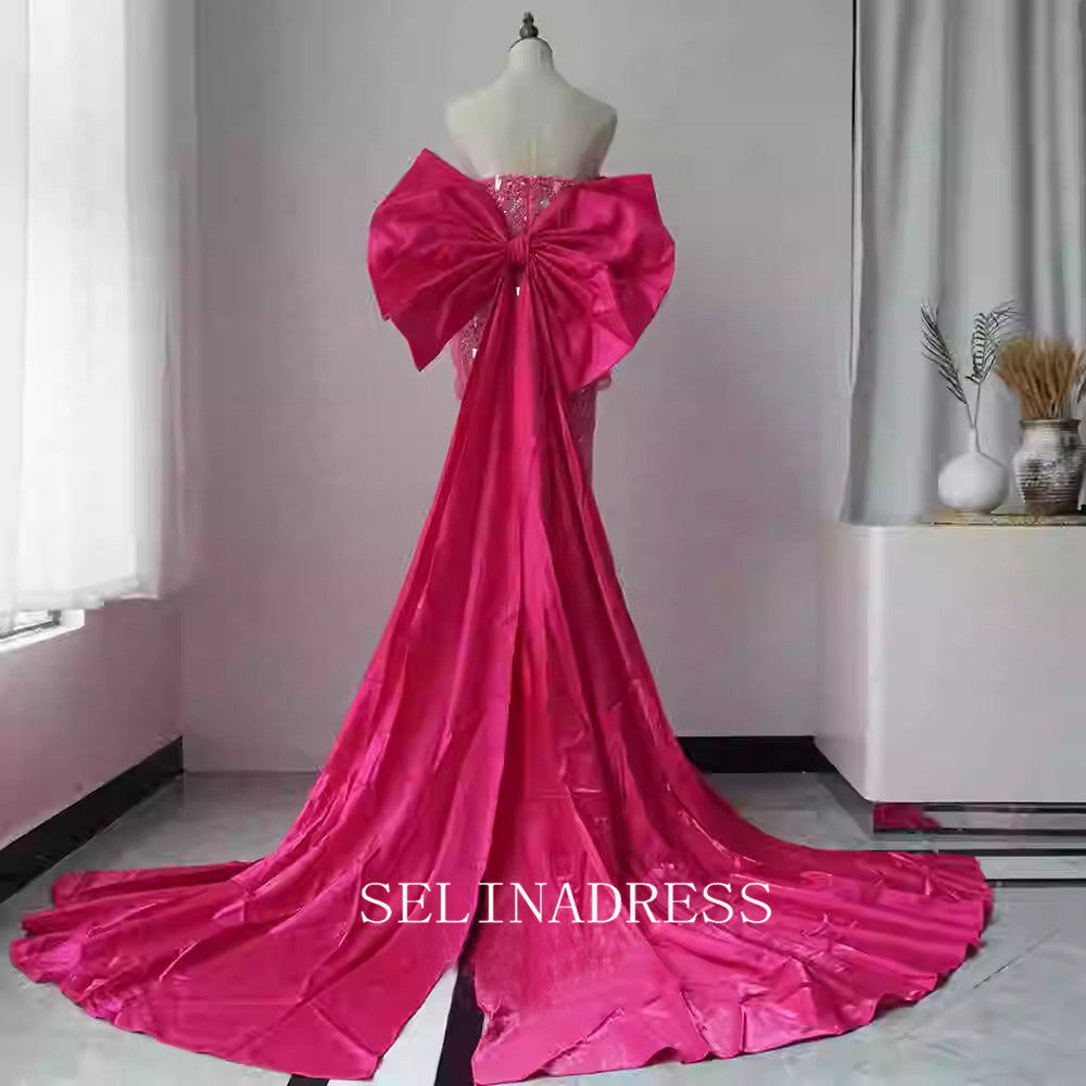 Chic Strapless Beaded Long Prom Dresses With Bow One the Back Elegant SELINADRESS Chic Strapless Beaded Long Prom Dresses With Bow One the Back Elegant SELINADRESS