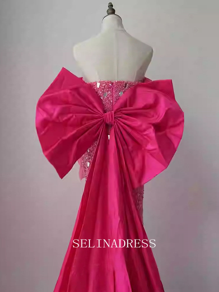 Chic Strapless Beaded Long Prom Dresses With Bow One the Back Elegant SELINADRESS Chic Strapless Beaded Long Prom Dresses With Bow One the Back Elegant SELINADRESS